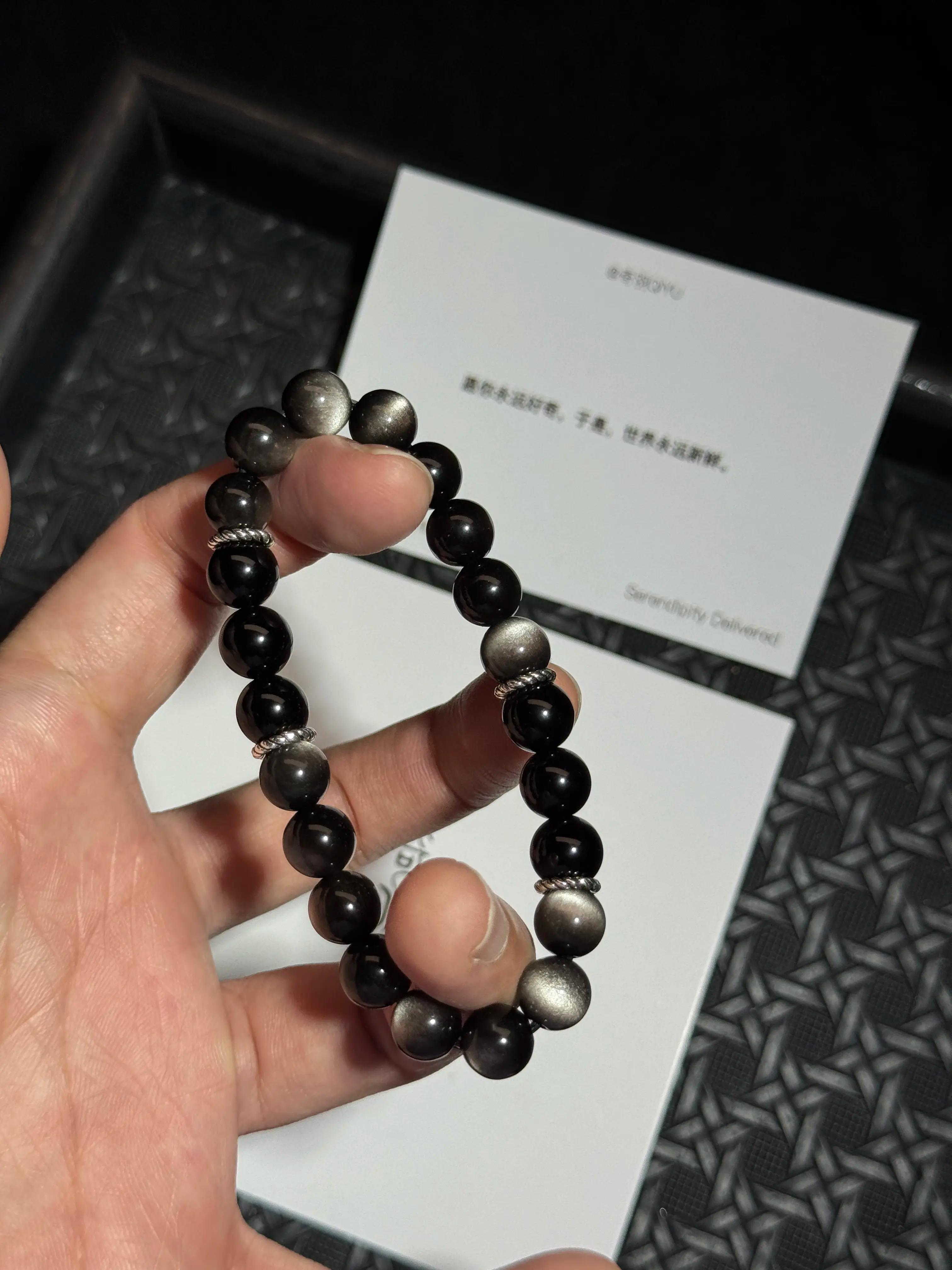 [Cat's Eye Effect] Silver Obsidian & Black Obsidian Single-Wrap Bracelet with Metal Spacer Beads | Minimalist Evil-Averting Fortune-Bringing Natural Crystal Handpiece