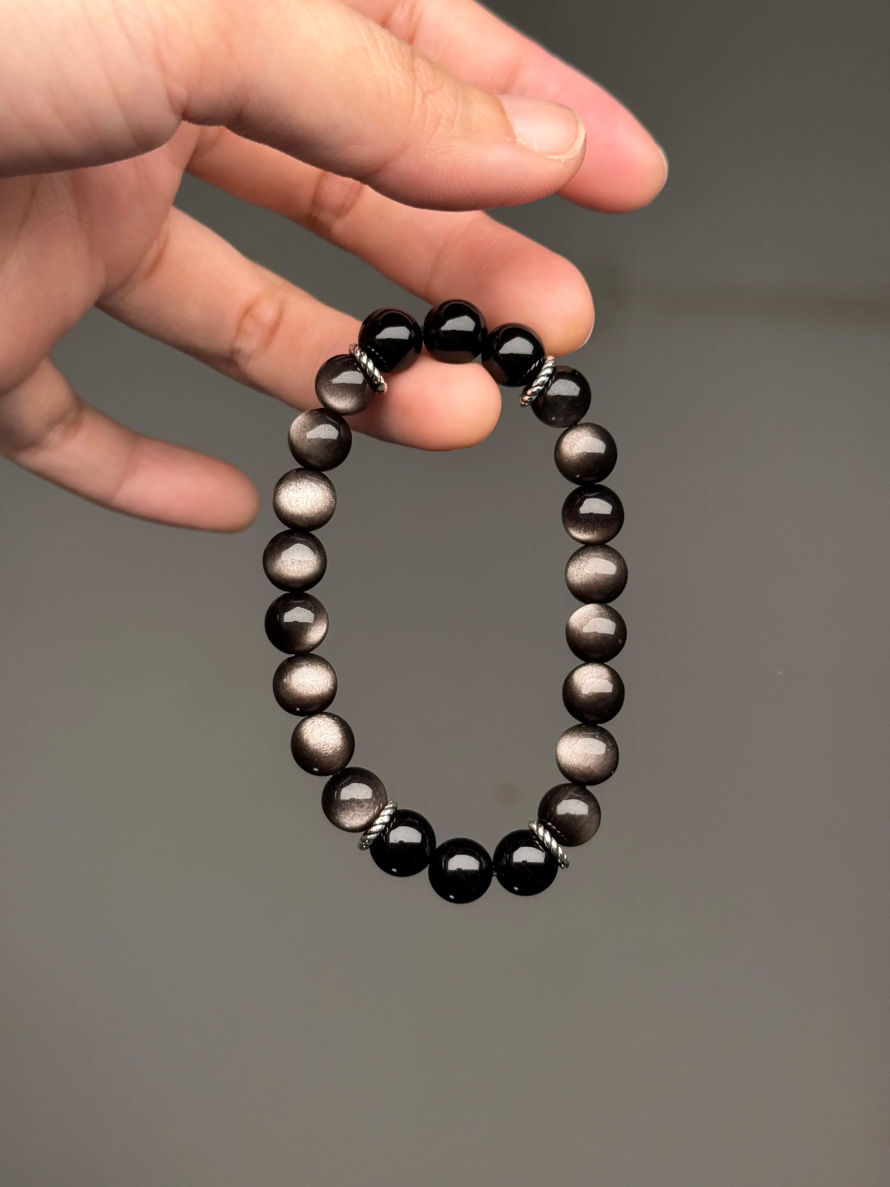 [Cat's Eye Effect] Silver Obsidian & Black Obsidian Single-Wrap Bracelet with Metal Spacer Beads | Minimalist Evil-Averting Fortune-Bringing Natural Crystal Handpiece