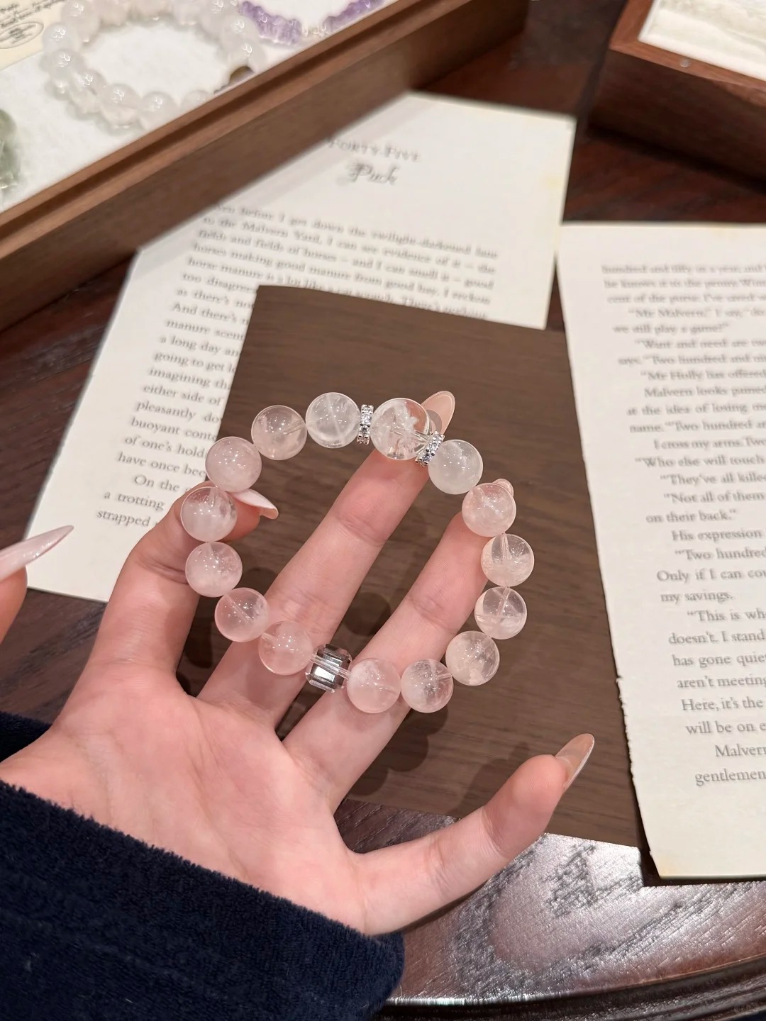 Jumilia Studio Pink Snowflake Phantom Quartz & White Snowflake Phantom Quartz Single-Strand Bracelet