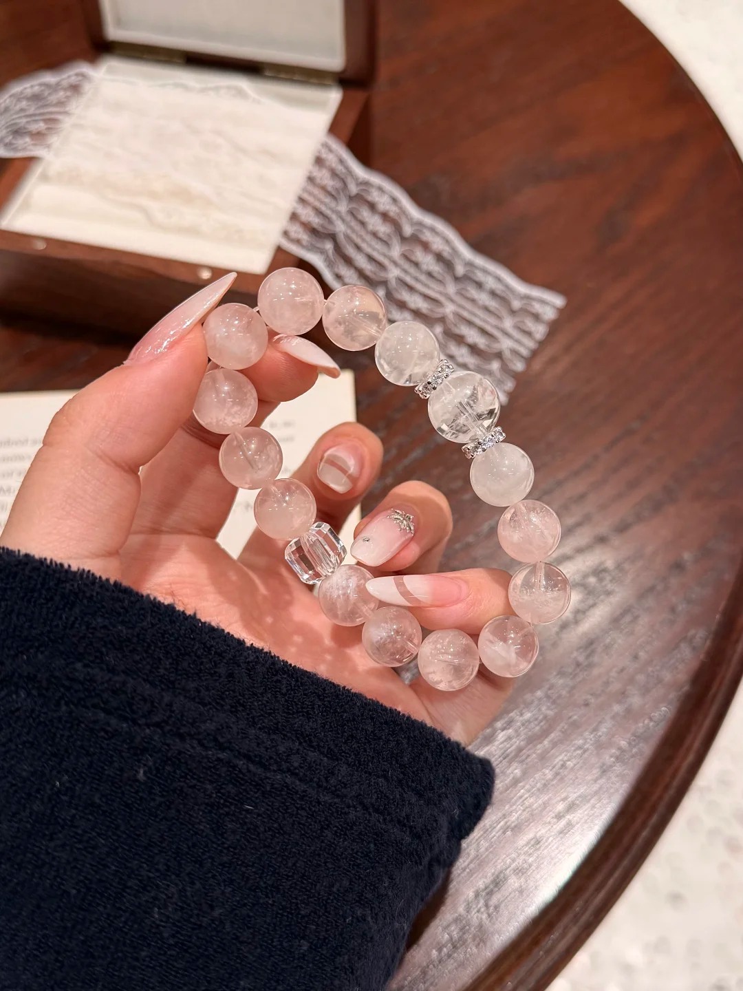 Jumilia Studio Pink Snowflake Phantom Quartz & White Snowflake Phantom Quartz Single-Strand Bracelet