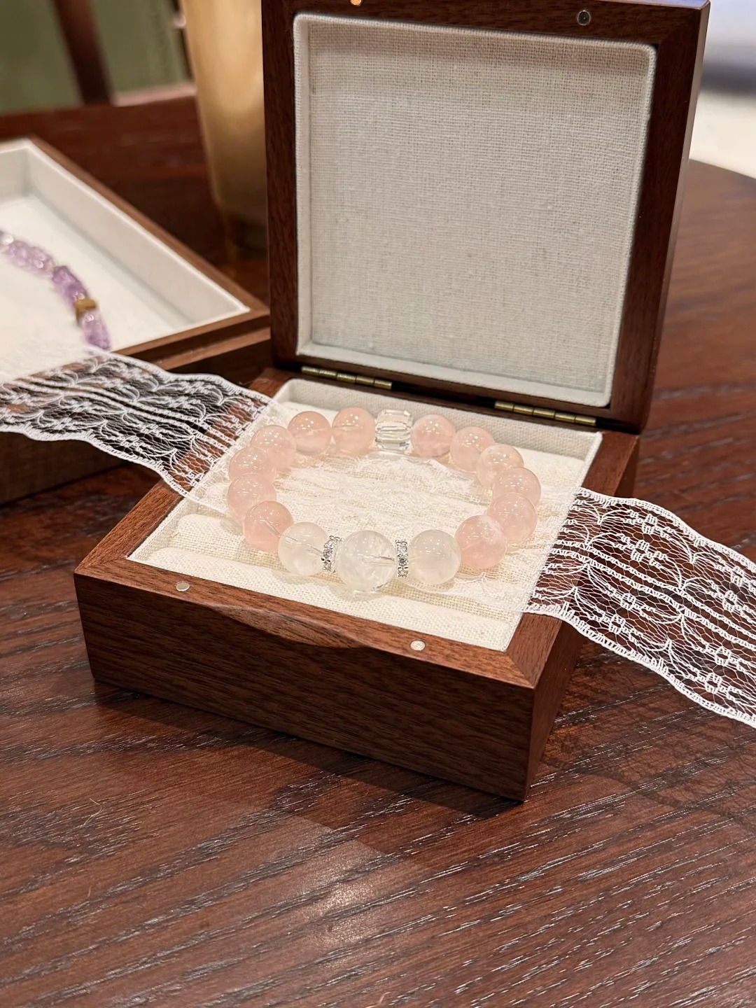 Jumilia Studio Pink Snowflake Phantom Quartz & White Snowflake Phantom Quartz Single-Strand Bracelet