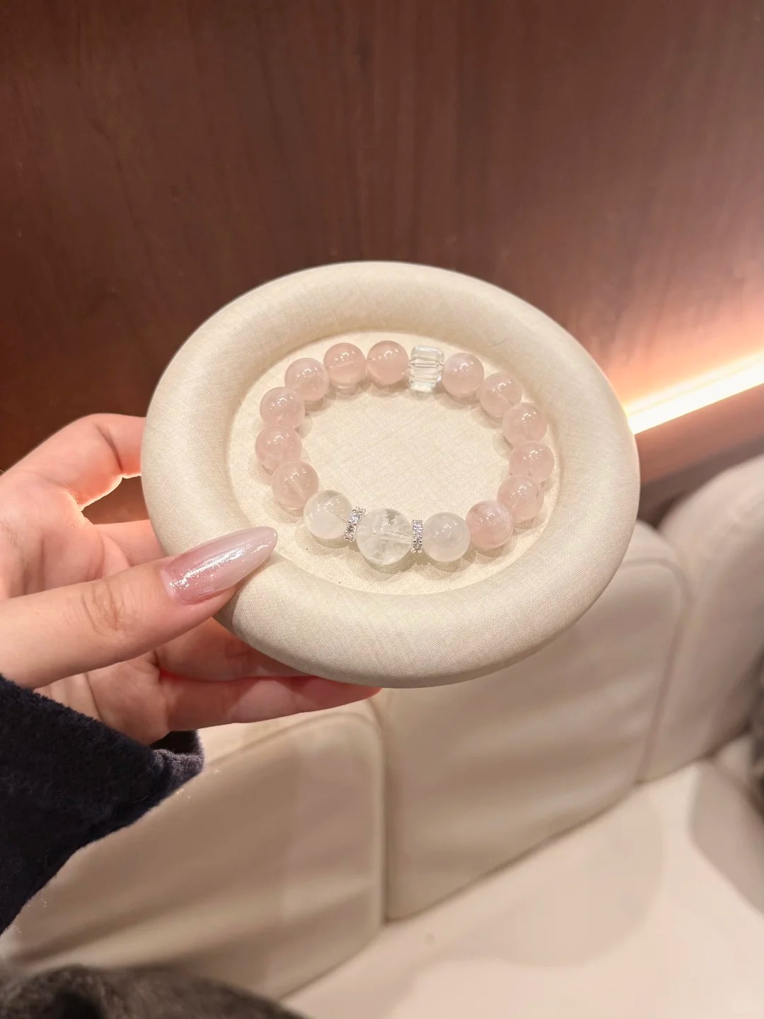 Jumilia Studio Pink Snowflake Phantom Quartz & White Snowflake Phantom Quartz Single-Strand Bracelet