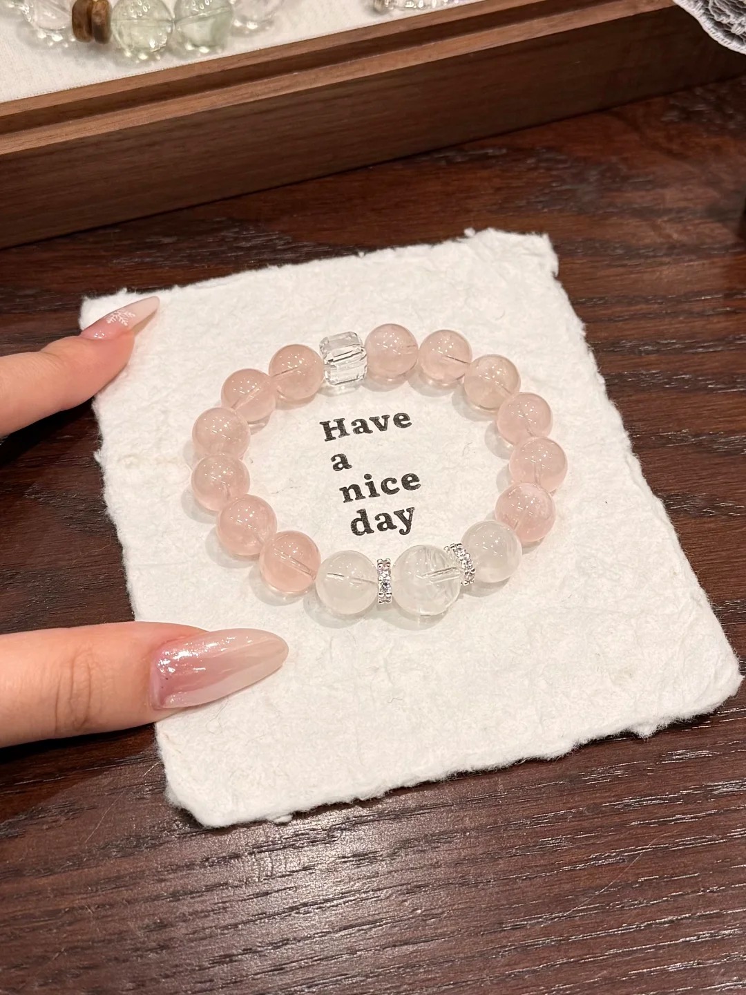 Jumilia Studio Pink Snowflake Phantom Quartz & White Snowflake Phantom Quartz Single-Strand Bracelet