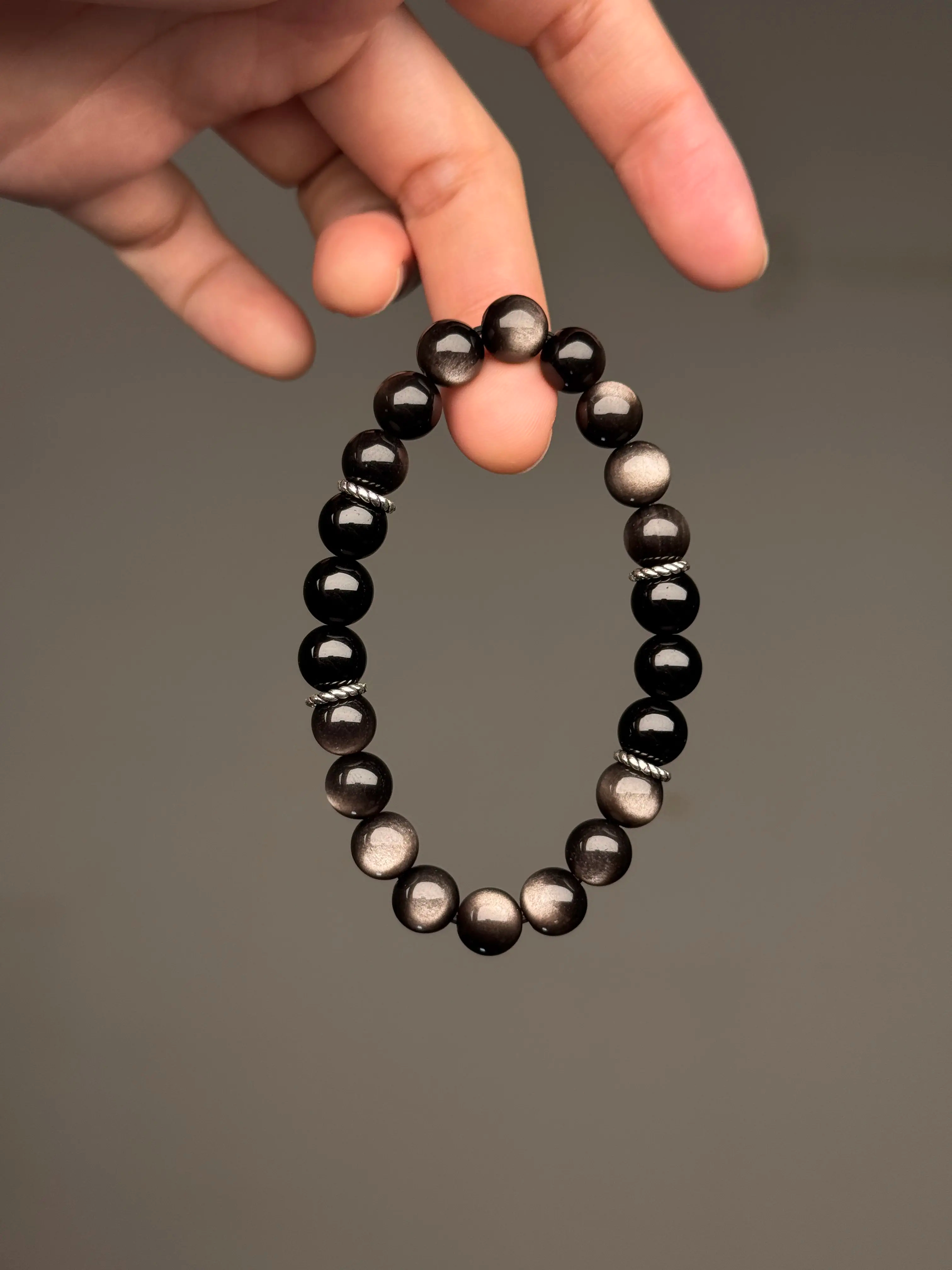 [Cat's Eye Effect] Silver Obsidian & Black Obsidian Single-Wrap Bracelet with Metal Spacer Beads | Minimalist Evil-Averting Fortune-Bringing Natural Crystal Handpiece
