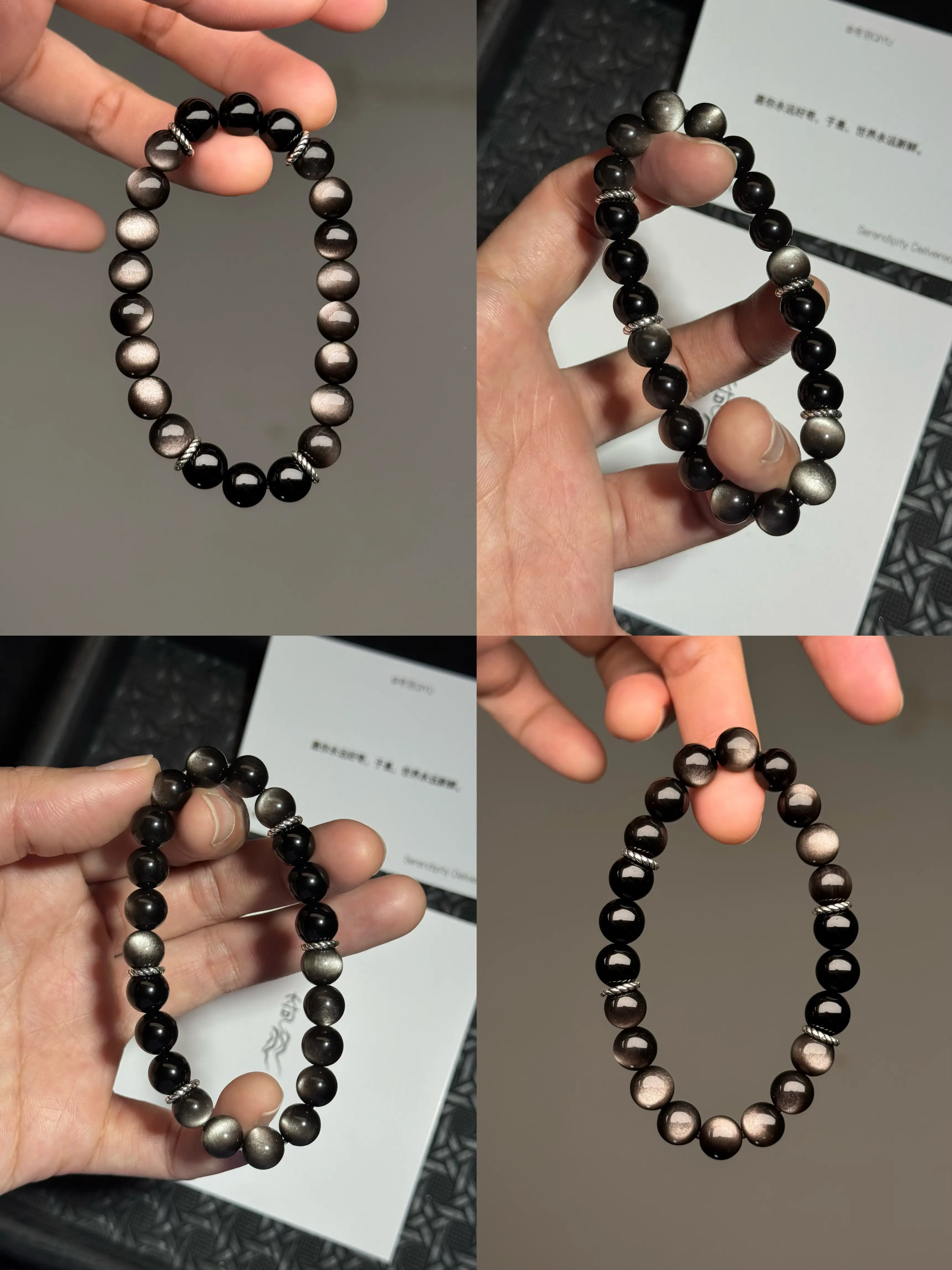 [Cat's Eye Effect] Silver Obsidian & Black Obsidian Single-Wrap Bracelet with Metal Spacer Beads | Minimalist Evil-Averting Fortune-Bringing Natural Crystal Handpiece