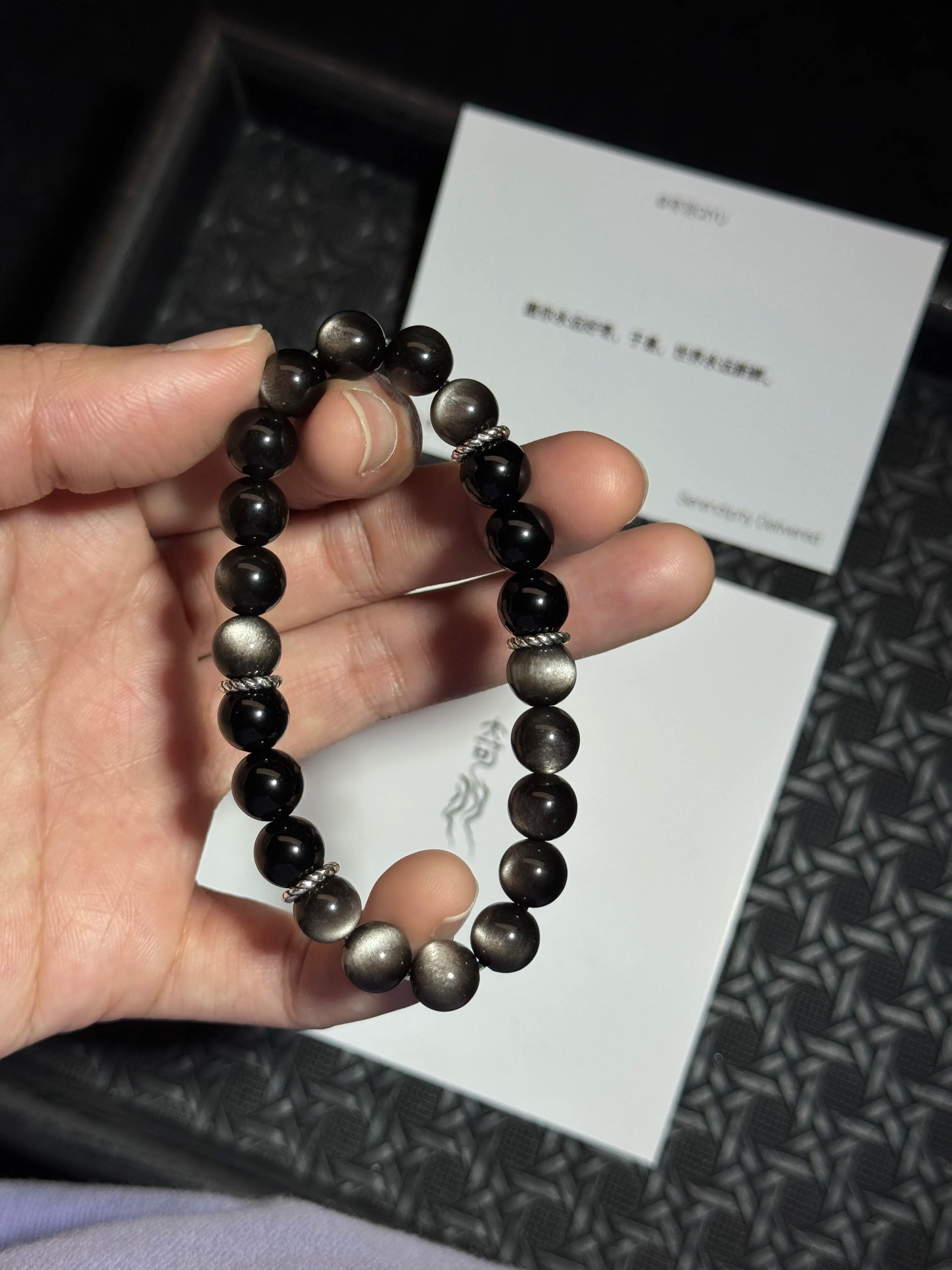 [Cat's Eye Effect] Silver Obsidian & Black Obsidian Single-Wrap Bracelet with Metal Spacer Beads | Minimalist Evil-Averting Fortune-Bringing Natural Crystal Handpiece