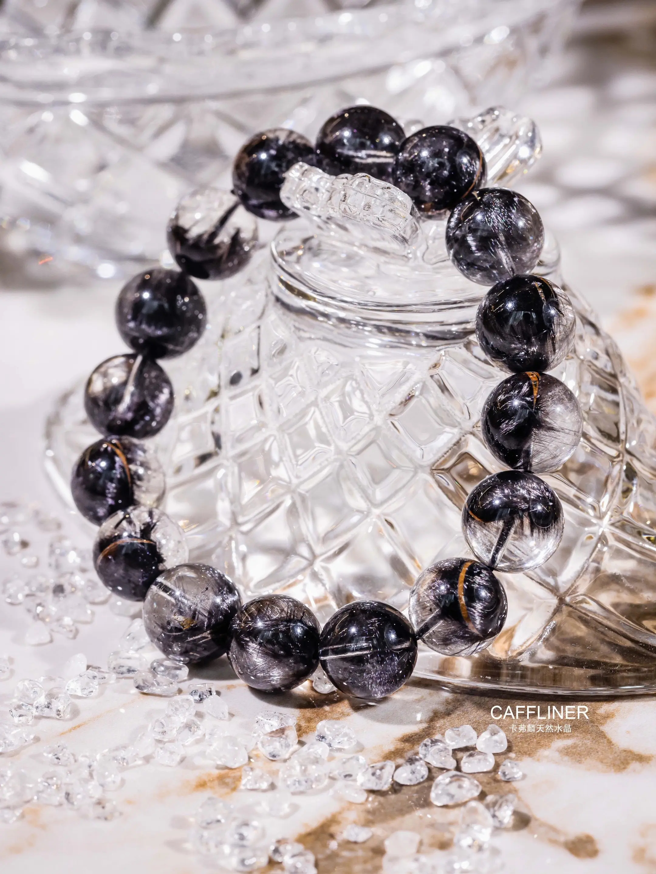 【CAFFLINER】Full-Rutilated Gold-Streak Natural Black Silver Titanium Quartz Bracelet | Light Luxury Evil-Averting Fortune-Bringing Natural Crystal Curio Handpiece (Single/Multi-Wrap Optional) 