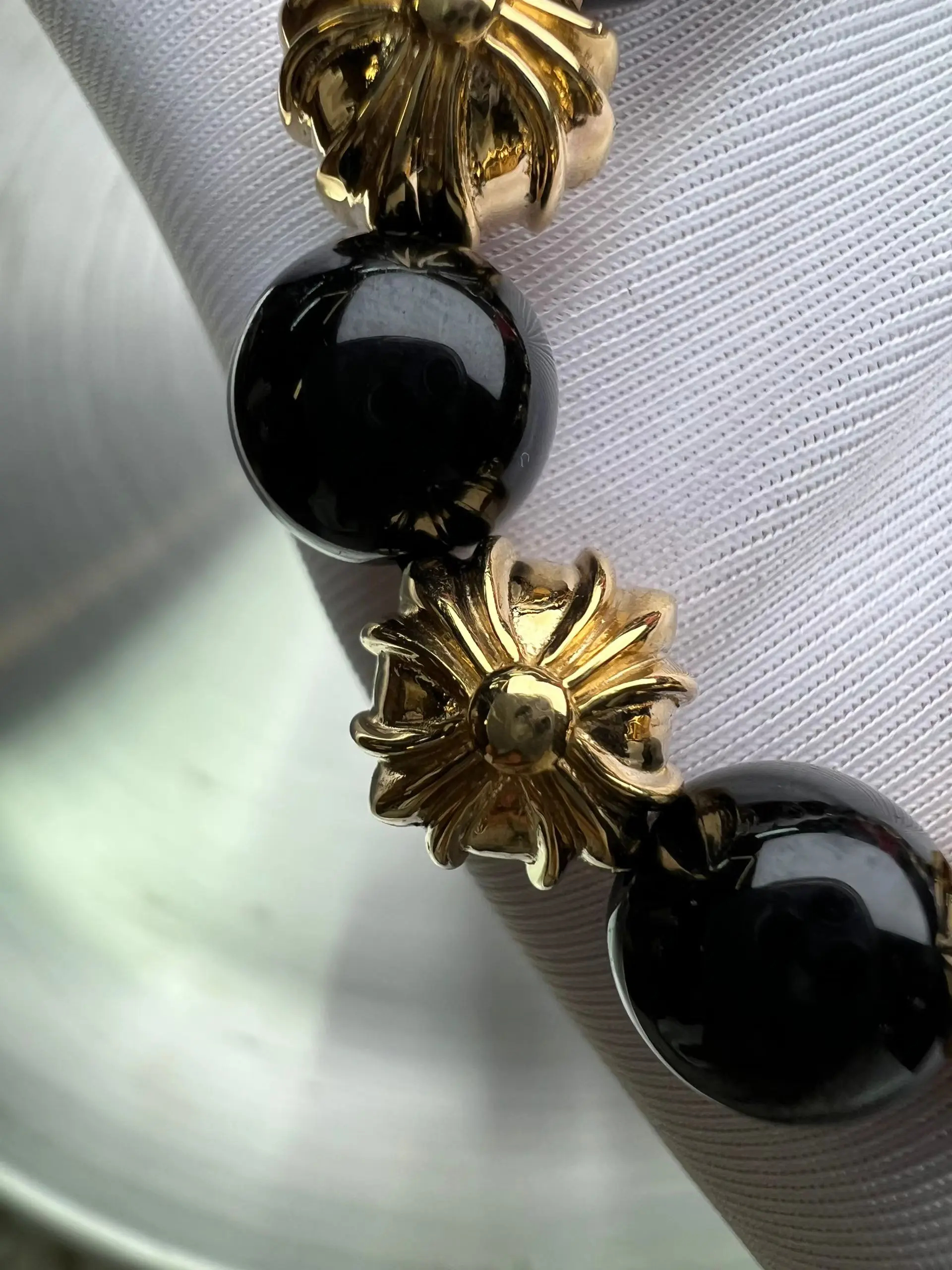 Chrome Hearts Black Onyx Bracelet (Gold-Tone & Diamond Cross)