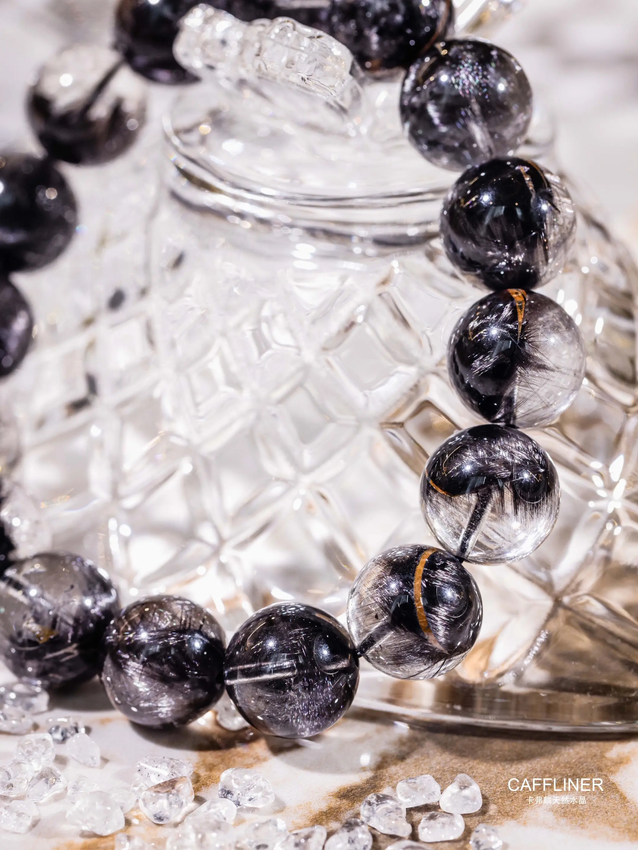 【CAFFLINER】Full-Rutilated Gold-Streak Natural Black Silver Titanium Quartz Bracelet | Light Luxury Evil-Averting Fortune-Bringing Natural Crystal Curio Handpiece (Single/Multi-Wrap Optional) 
