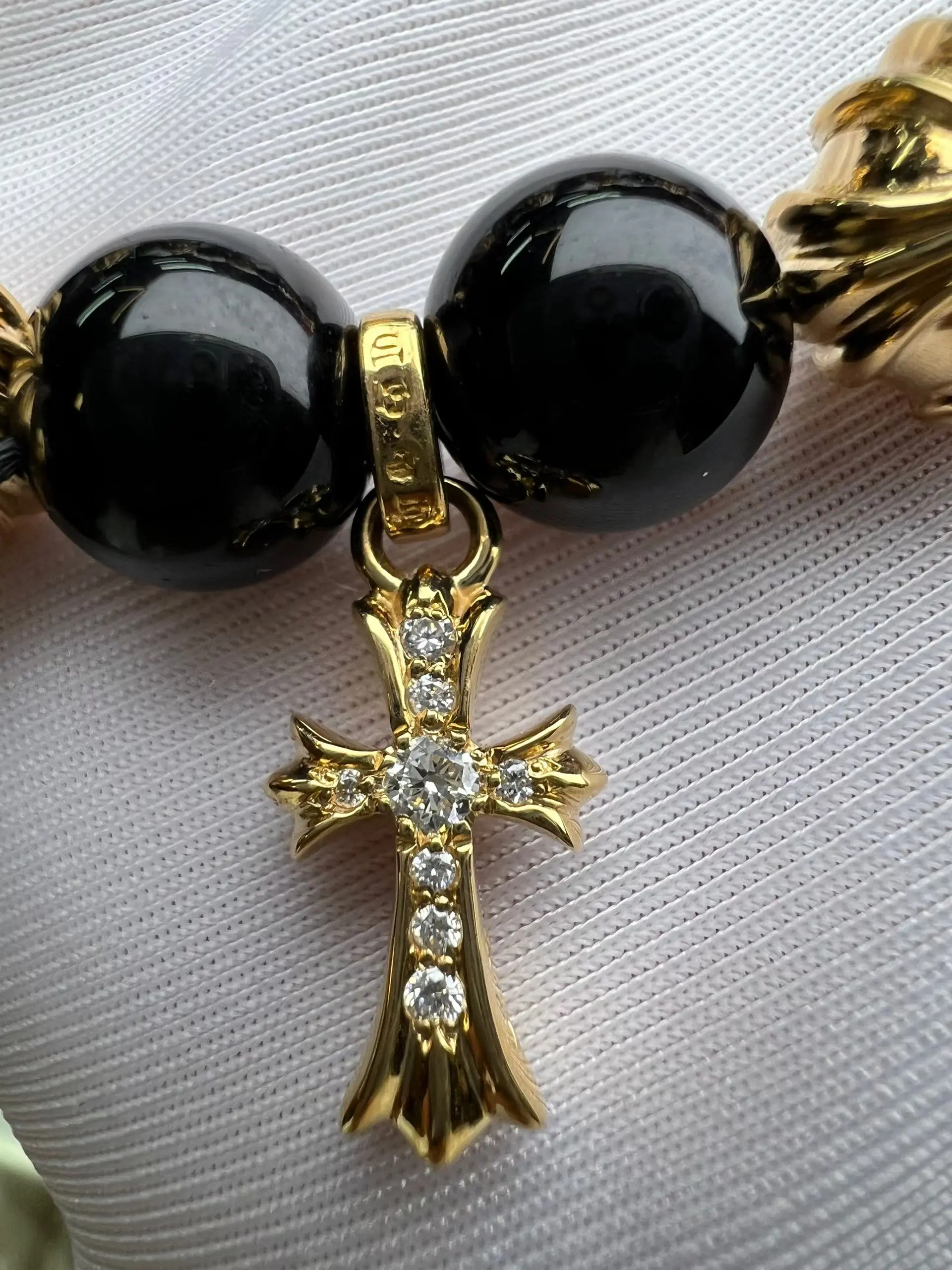Chrome Hearts Black Onyx Bracelet (Gold-Tone & Diamond Cross)
