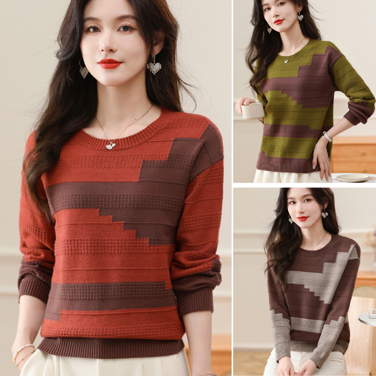 圓領拼色薄版毛衣打底衫