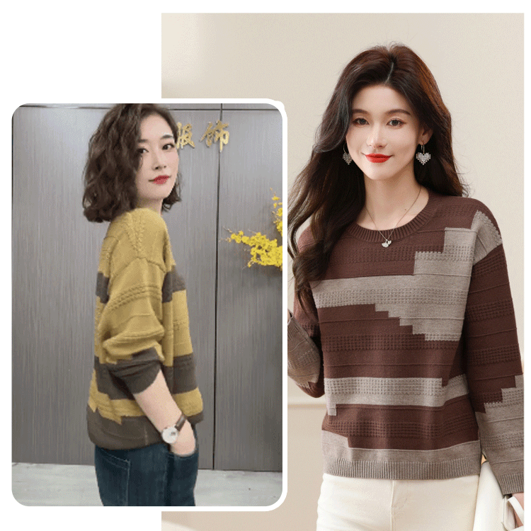 圓領拼色薄版毛衣打底衫