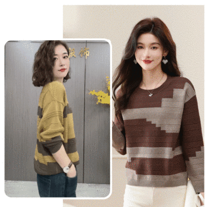 圓領拼色薄版毛衣打底衫