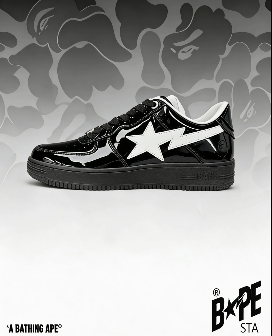 [Copy]BAPE BAPE STA 黑色漆皮 撞色星標亮面時尚休閒