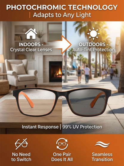 🕶️Smart Auto Focus Glasses | No need to change glasses often! One pair brings ultra-clear vision for near and far. No eye exam required, 0.1s fast focusing, blue light blocking and photochromic discoloration✨
