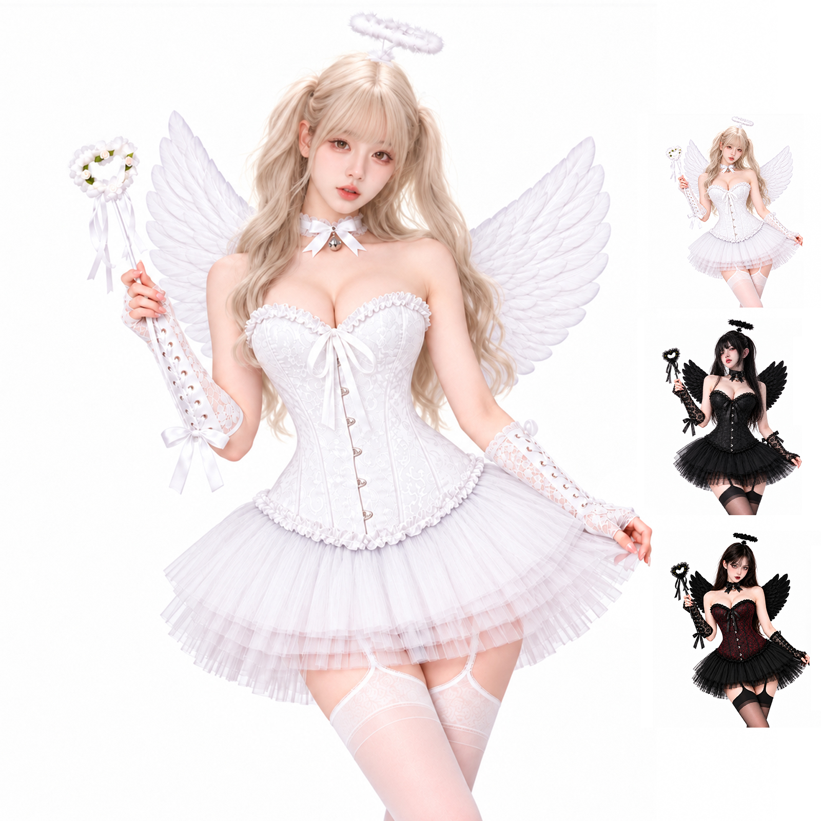 ハロウィンコスプレ：セクシーなバニーガール、小悪魔、白黒の天使、ナイトクラブの親友のフォトセット。