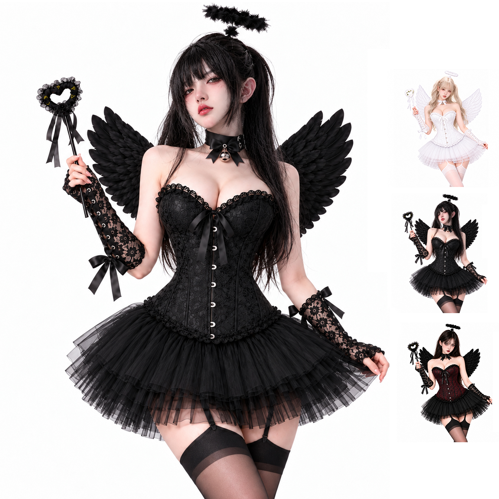 ハロウィンコスプレ：セクシーなバニーガール、小悪魔、白黒の天使、ナイトクラブの親友のフォトセット。
