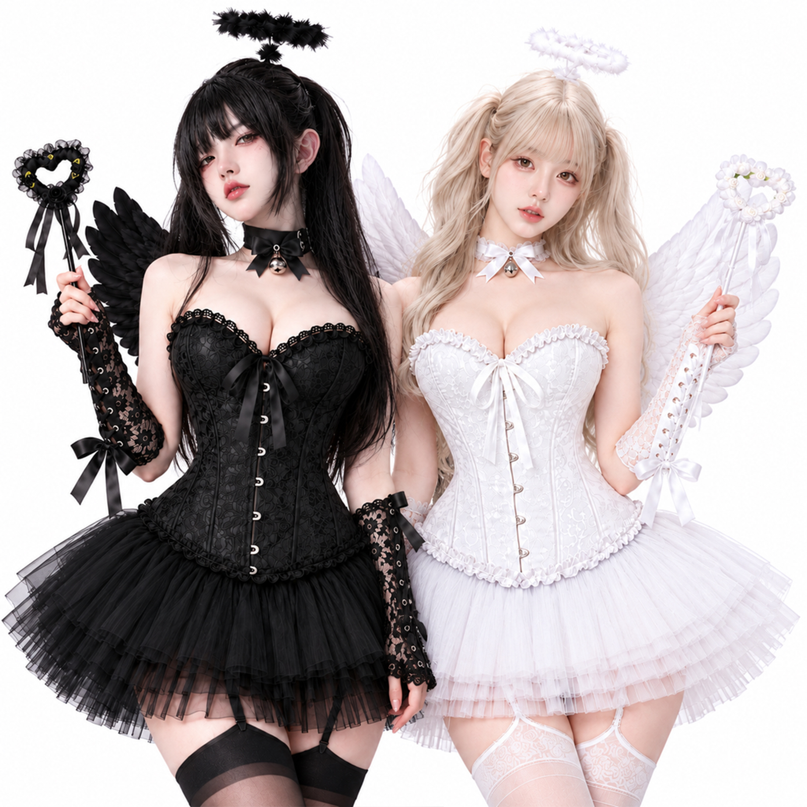 ハロウィンコスプレ：セクシーなバニーガール、小悪魔、白黒の天使、ナイトクラブの親友のフォトセット。