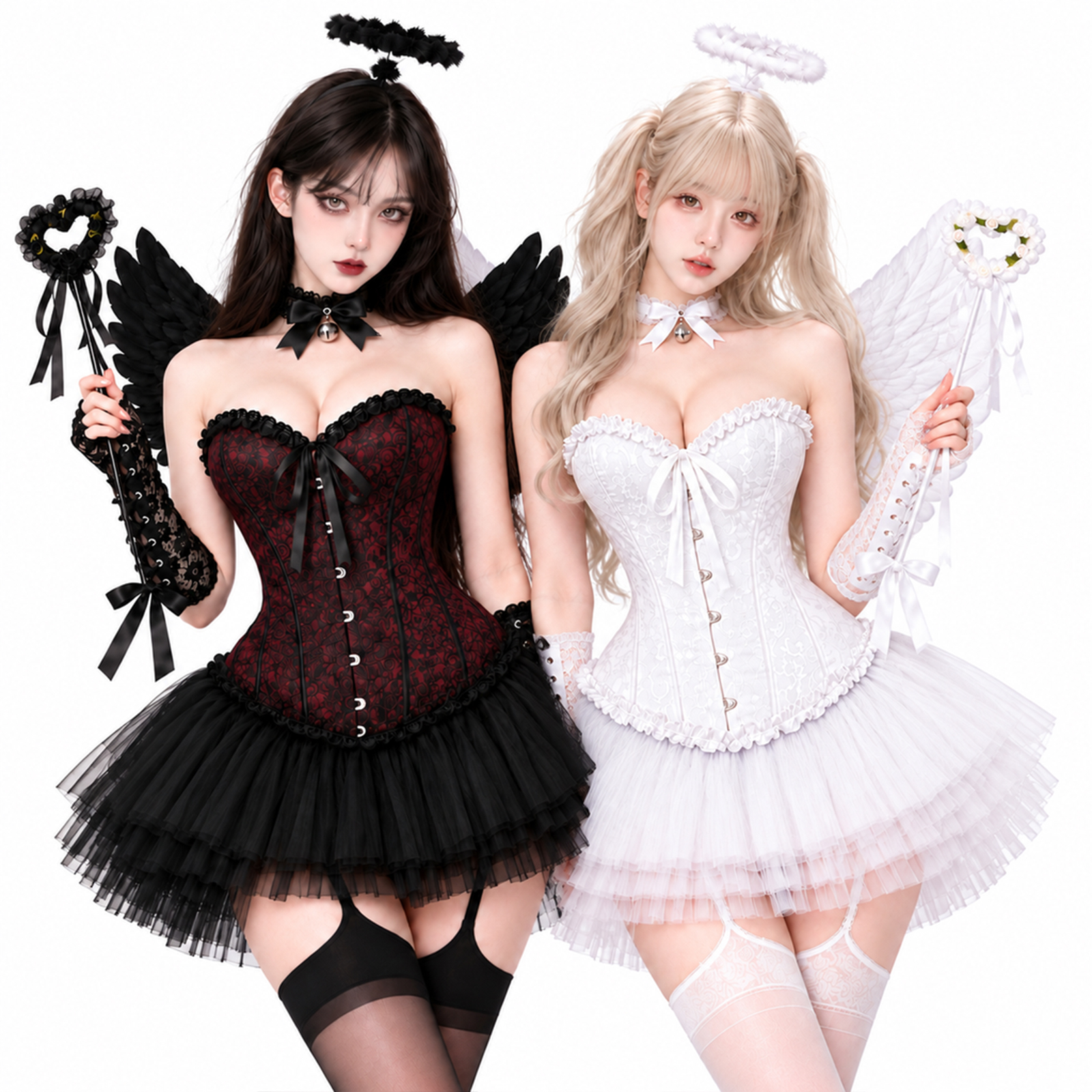 ハロウィンコスプレ：セクシーなバニーガール、小悪魔、白黒の天使、ナイトクラブの親友のフォトセット。