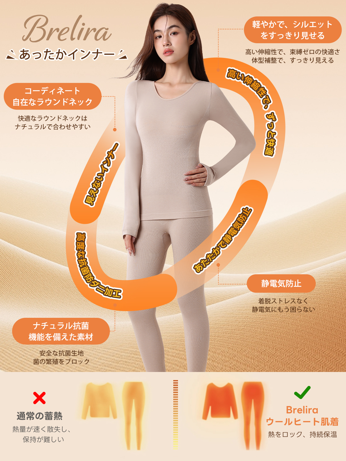 【Brelia-jp】レディース 軽量 シェイピング サーマル アンダーウェア セット シームレス ボディシェイピング スリミング ヒップアップ お腹コントロール 秋服&ズボン スリミング