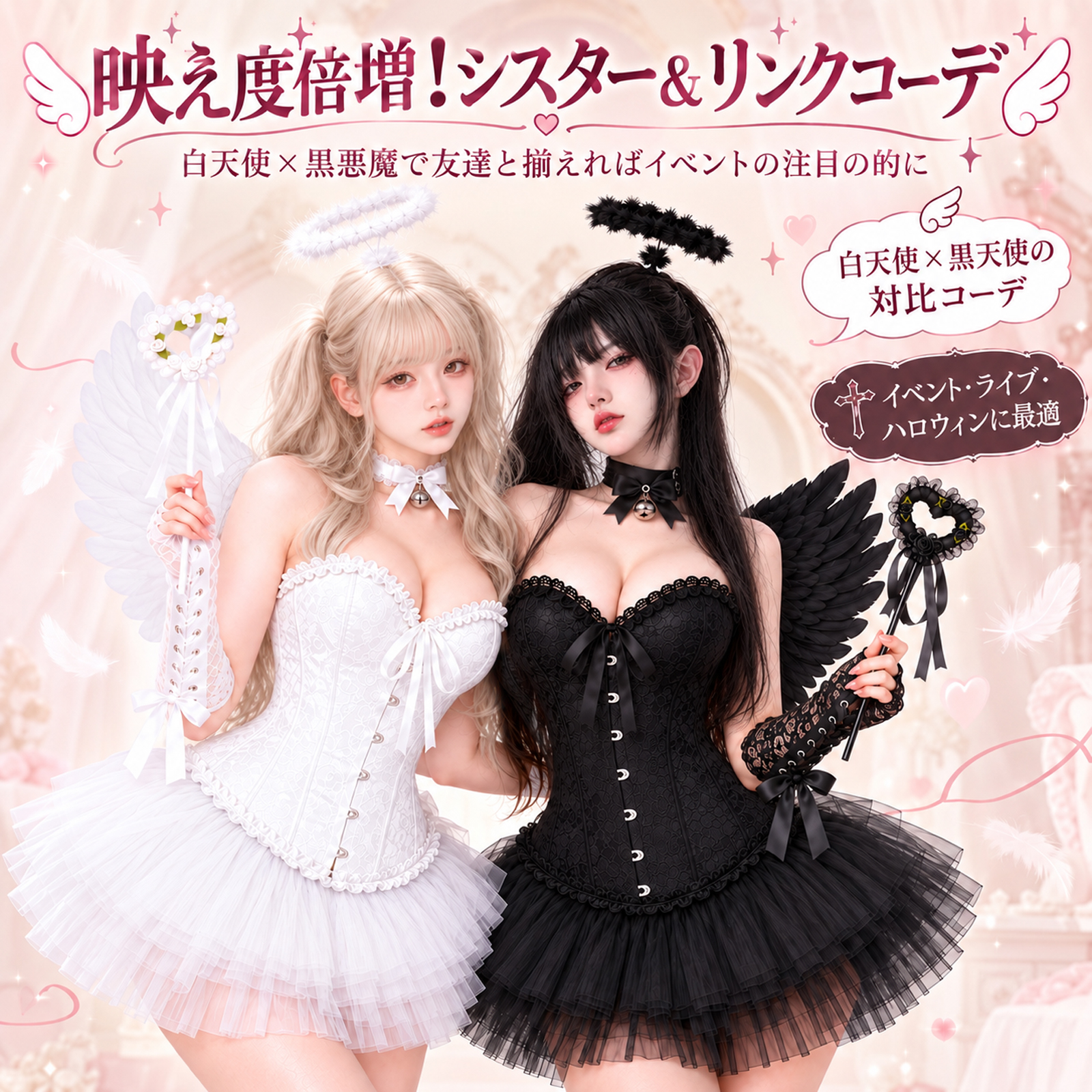 ハロウィンコスプレ：セクシーなバニーガール、小悪魔、白黒の天使、ナイトクラブの親友のフォトセット。