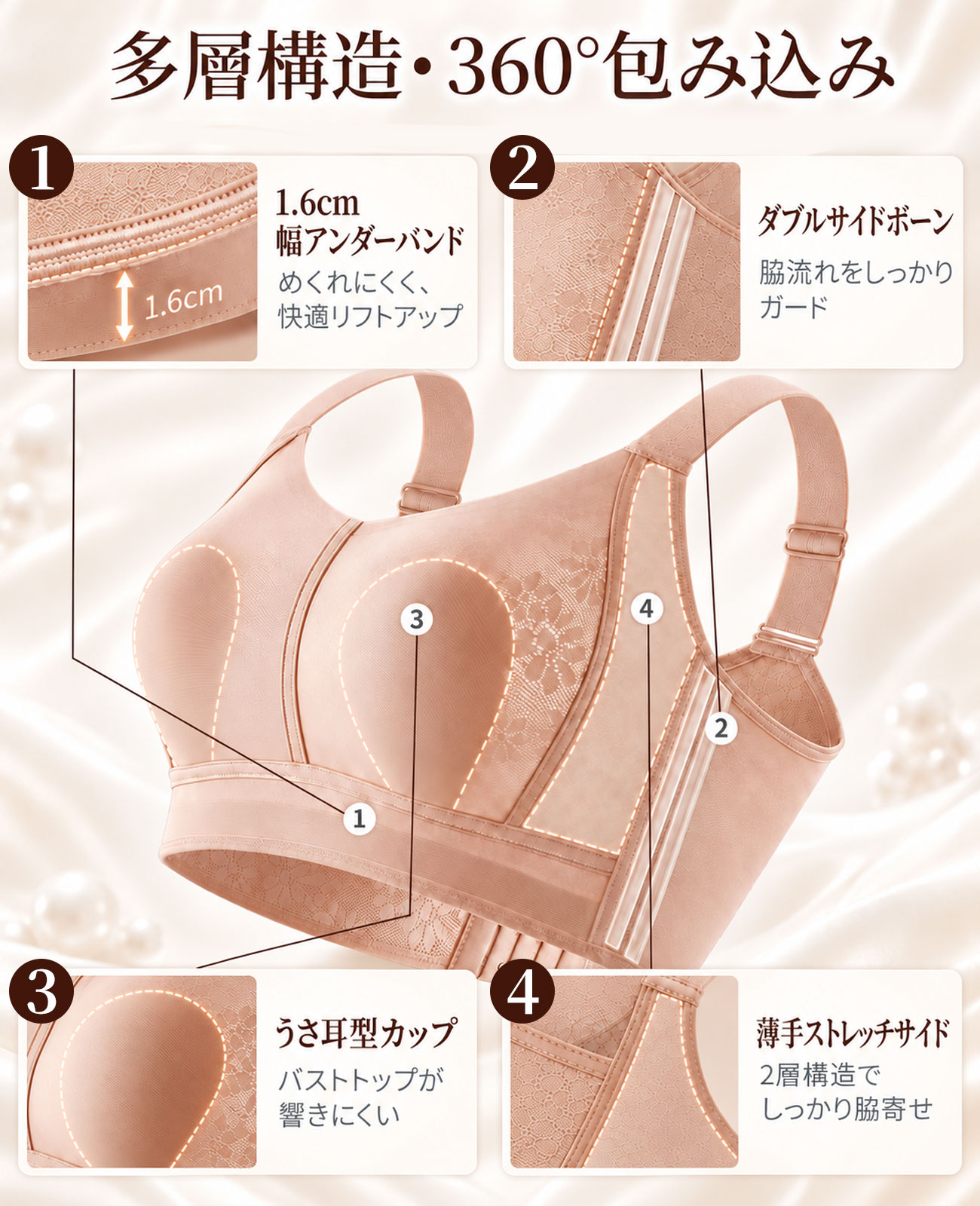 女性用夏物薄手シームレスブラ、突出防止フルカップでバストを小さく見せ、脇乳をサポート