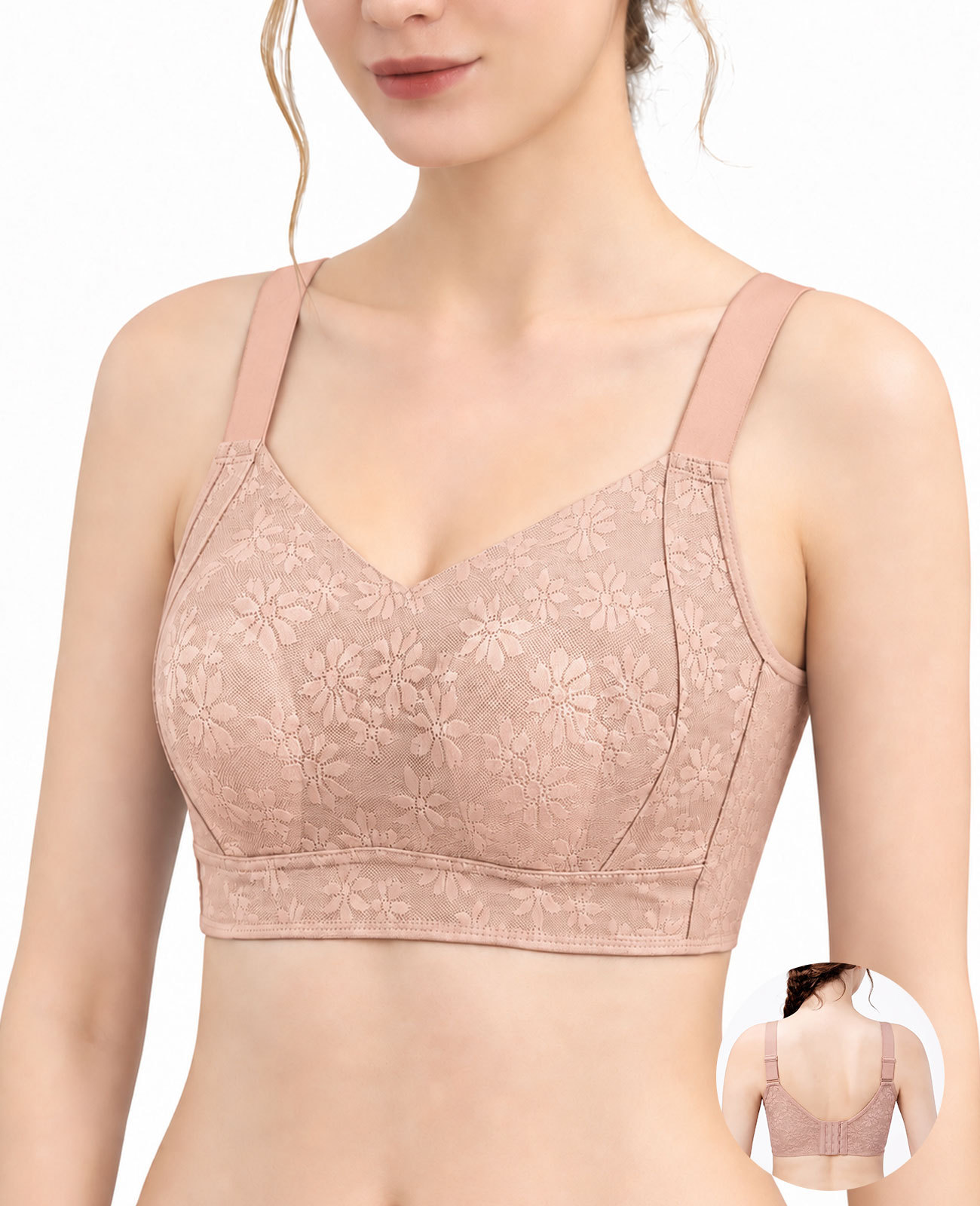 女性用夏物薄手シームレスブラ、突出防止フルカップでバストを小さく見せ、脇乳をサポート