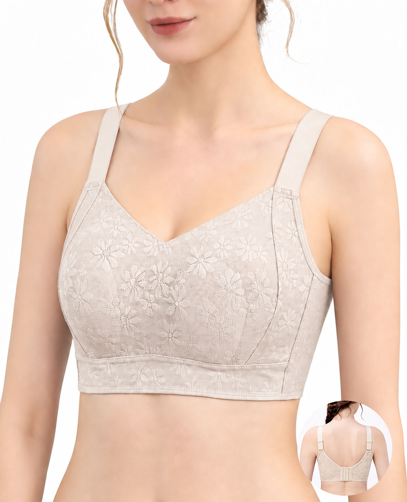 女性用夏物薄手シームレスブラ、突出防止フルカップでバストを小さく見せ、脇乳をサポート