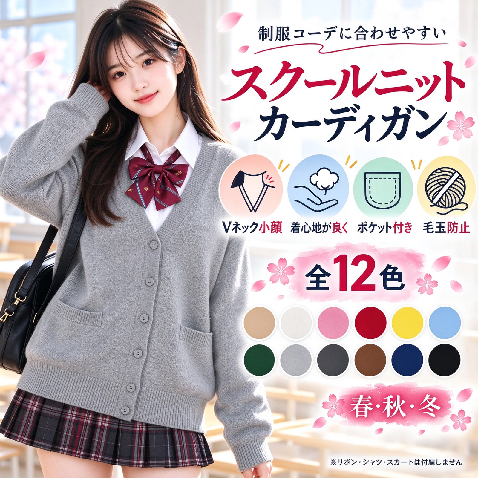 スクールニットカーディガン 女子 学生 制服コーデ Vネック ポケット付き 毛玉防止 全12色 春・秋・冬