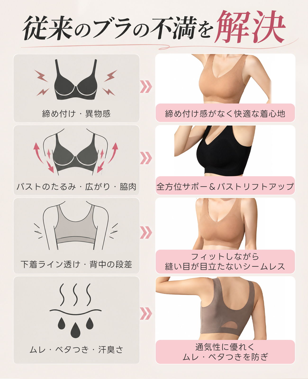 大きなバストを小さく見せるシームレスブラ、ワイヤーなし、プラスサイズ、脇バストをサポート、背中が開いたベストスタイルのブラ