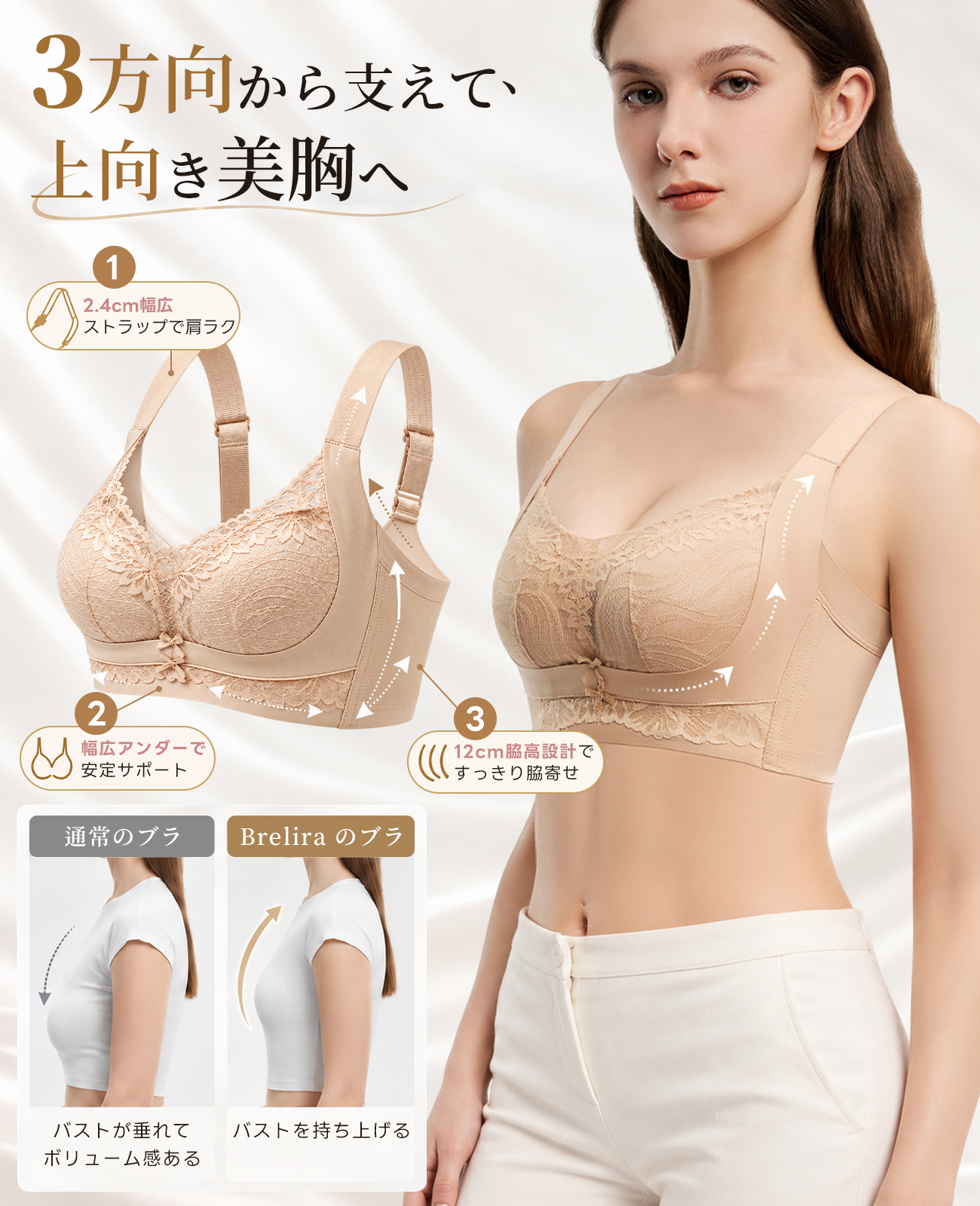 オリジナルの非磁性女性用下着、小胸用プッシュアップブラ、脇乳をサポート、リフトアップしてたるみを防止、ファンデーションのようなシェイプアップブラ。