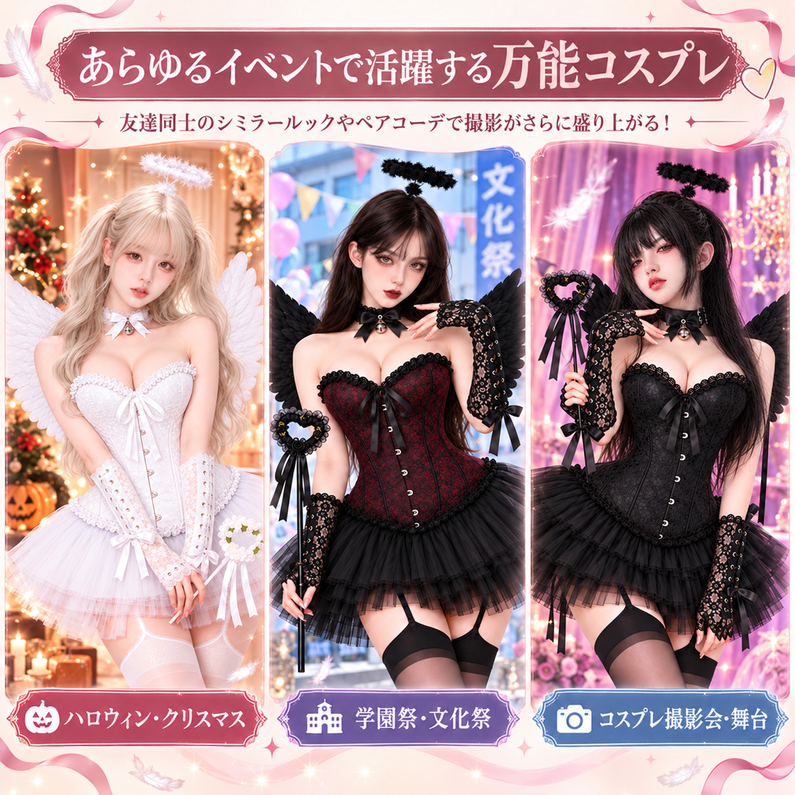ハロウィンコスプレ：セクシーなバニーガール、小悪魔、白黒の天使、ナイトクラブの親友のフォトセット。