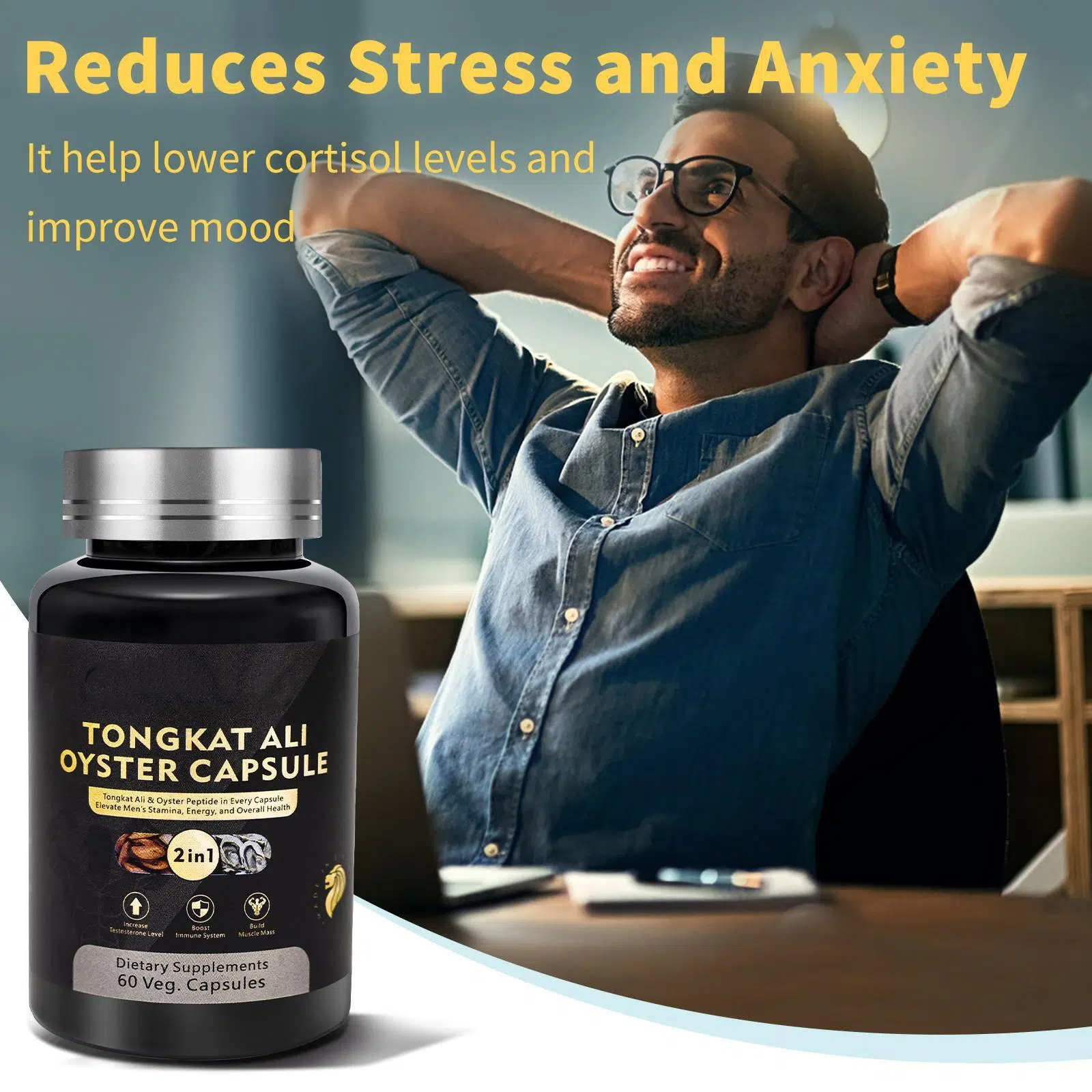 [Bundle of 1/2/3/5] TIMYEE Tongkat Ali+Oyster Capsules, Natural Dietary Supplement for Energy, Stamina and Health, 60 Capsules/Bottle