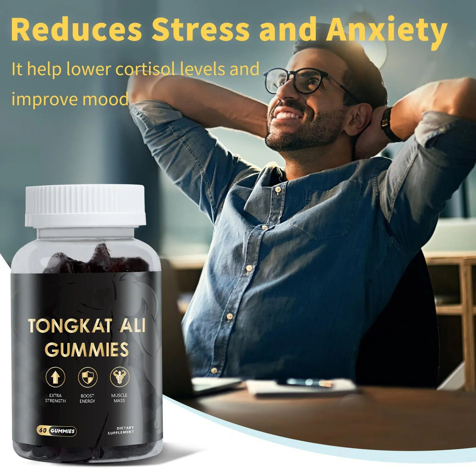 Tongkat Ali Gummies, Natural Dietary Supplement for Energy, Stamina and Health, 60 Gummies/Bottle