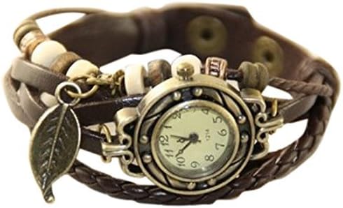 【アンティーク風 レザー ブレスレット ウォッチ リーフ チャーム付】本革 ベルト クォーツ腕時計