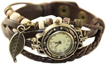【アンティーク風 レザー ブレスレット ウォッチ リーフ チャーム付】本革 ベルト クォーツ腕時計