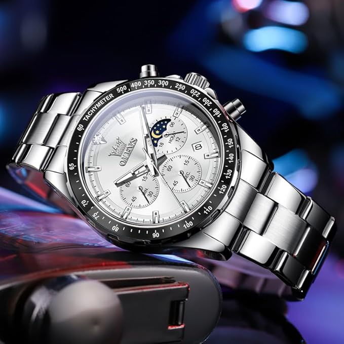 腕時計 メンズ クォーツ 人気 うで時計 ビジネス 学生 ムーンフェイズ クロノグラフ watch for men プレゼント 夜光 防水 日付 メタルバンド ホワイト