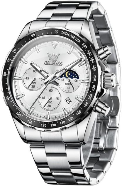 腕時計 メンズ クォーツ 人気 うで時計 ビジネス 学生 ムーンフェイズ クロノグラフ watch for men プレゼント 夜光 防水 日付 メタルバンド ホワイト