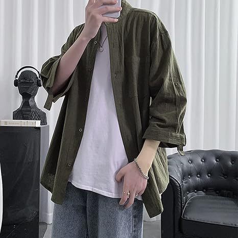  夏服 シャツ メンズ 七分袖 半袖 ファッション ボタンアップ シャツ 大きいサイズ メンズ 無地 ワイシャツ 人気