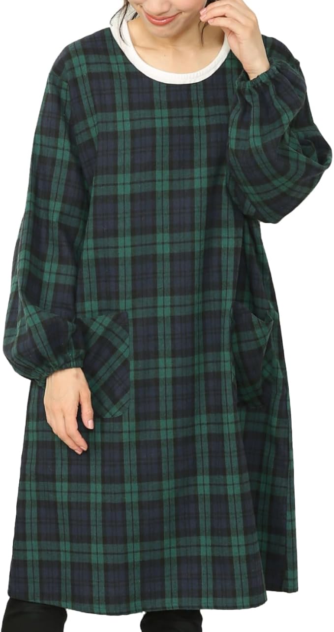 割烹着 かっぽう着 レディース 秋冬 微起毛 ゆったり ロング丈 ポケット付き 袖付きエプロン