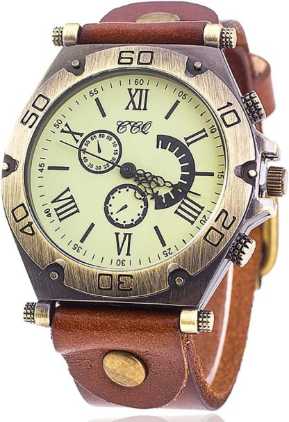 レトロ アンティーク クロノグラフ デザイン 太め レザー バンド ウォッチ 腕 時計 メンズ 