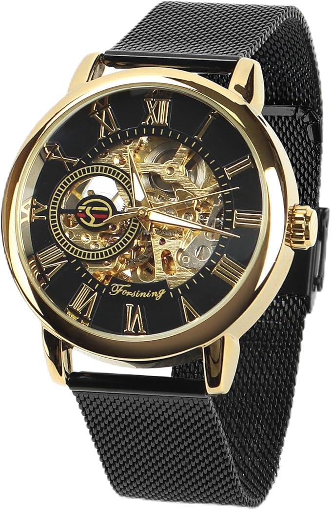腕時計 機械式 メンズ ローマ数字 腕時計 レトロ 時崎 狂三 トキサキ 刻々帝 コスプレ ウォッチに適用 中空 機械式 時計 (黒金ケース・ステンレスバンド（Type Aバンド))
