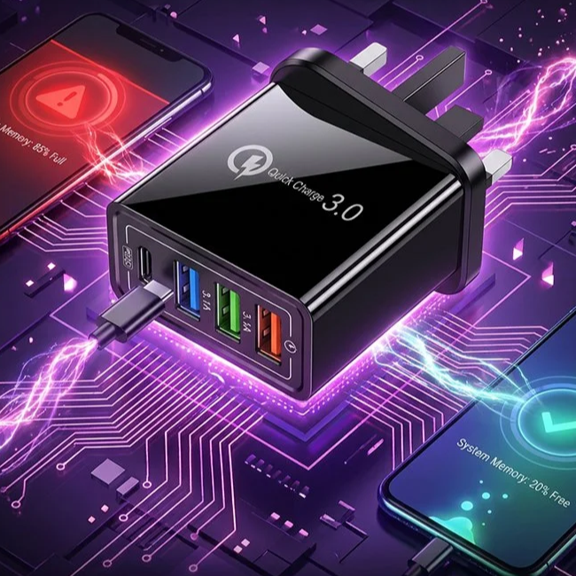 4-Port Smart Travel Charger (UK Plug) | Intelligent Power Delivery & Battery Health Protection | Multi-Device Fast Charging for Phone, Tablet & Watch | Compact Everyday Carry