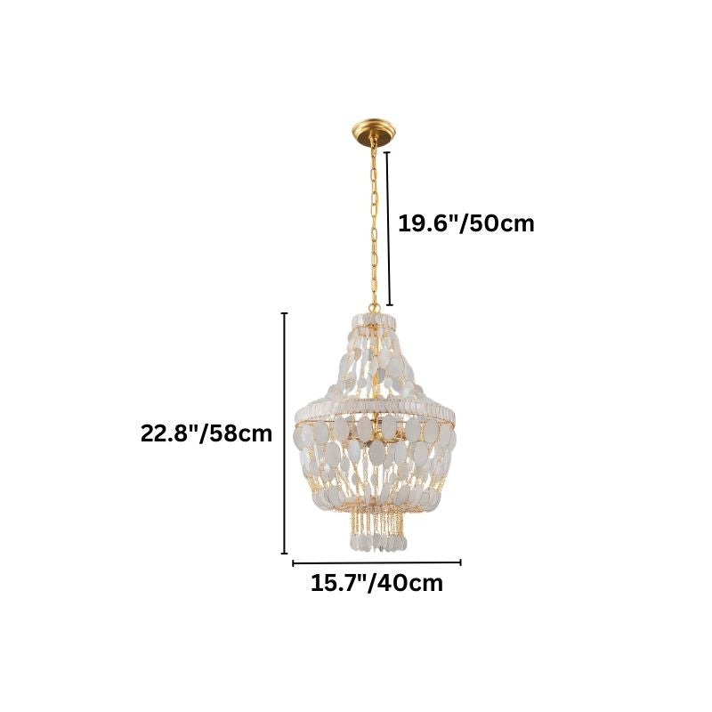 "Tiered chandelier with cascading natural shell elements, gold frame, and dimensions: 19.6 inches height, 22.8 inches width, 15.7 inches depth."