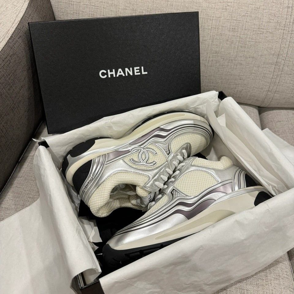 Chanel Metallic Silver White Sneakers