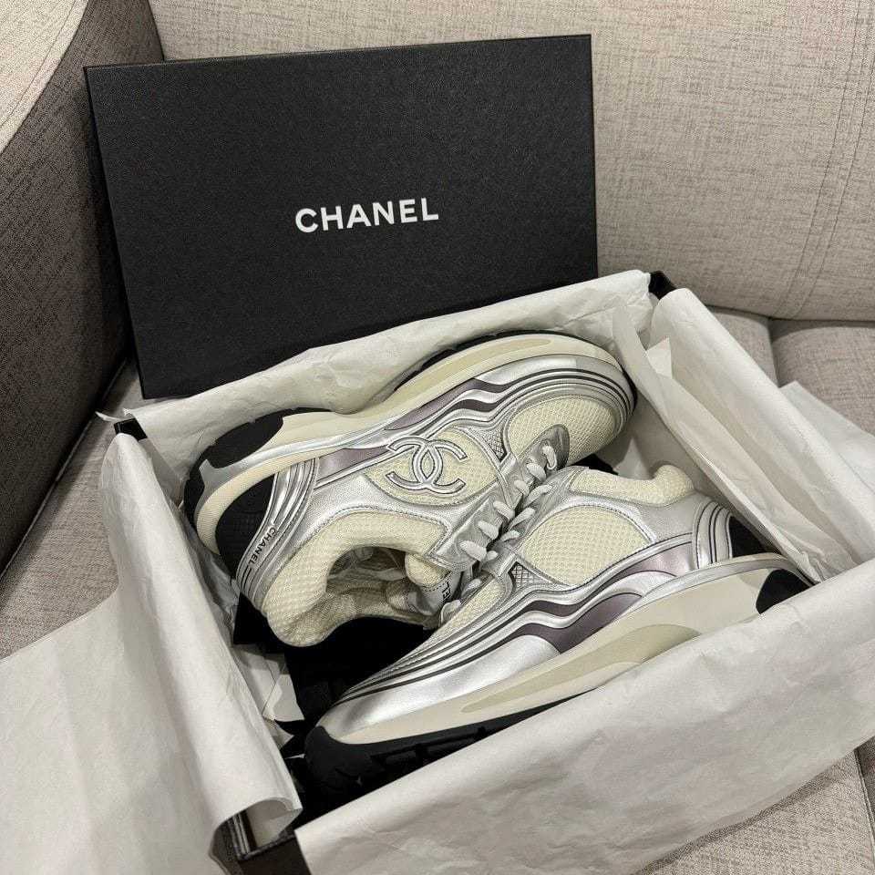 Chanel Metallic Silver White Sneakers