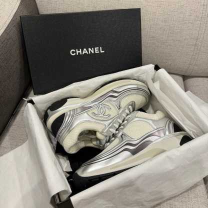 Chanel Metallic Silver White Sneakers