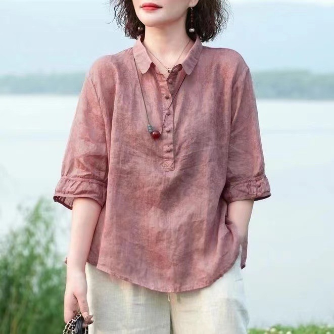 女士顯瘦遮肉提花棉麻襯衫
