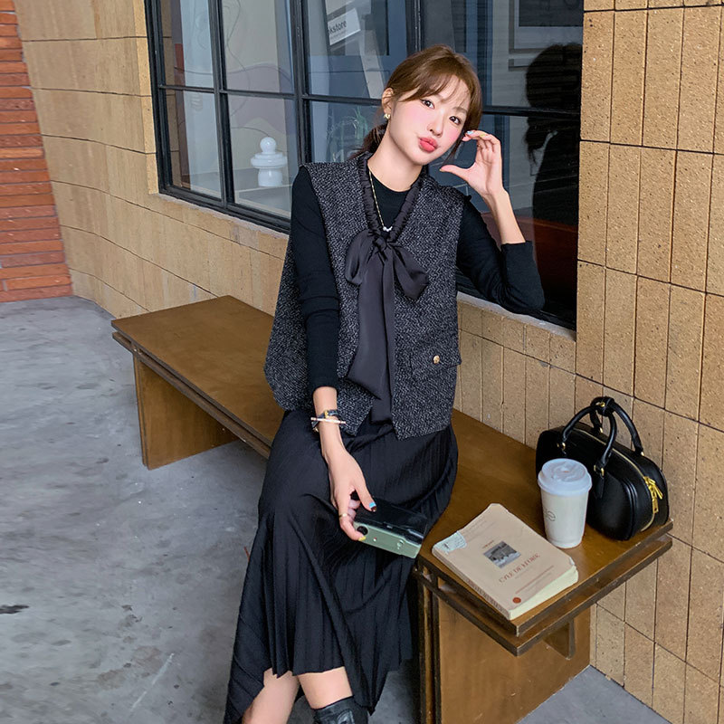 法式小香風套裝 連衣裙+蝴蝶結馬甲｜氣質穿搭 秋冬氛圍感