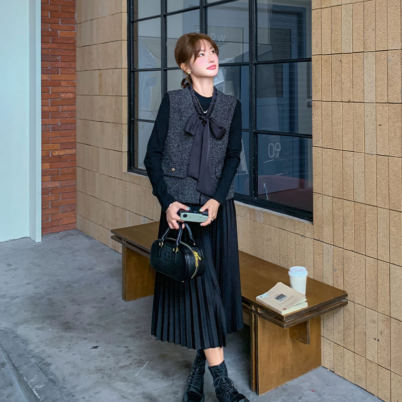 法式小香風套裝 連衣裙+蝴蝶結馬甲｜氣質穿搭 秋冬氛圍感